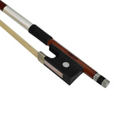 Violin bow with wooden frog and white hair on a white background