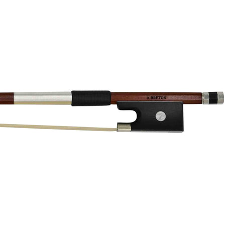 Violin bow with black frog and silver ferrule on a white background