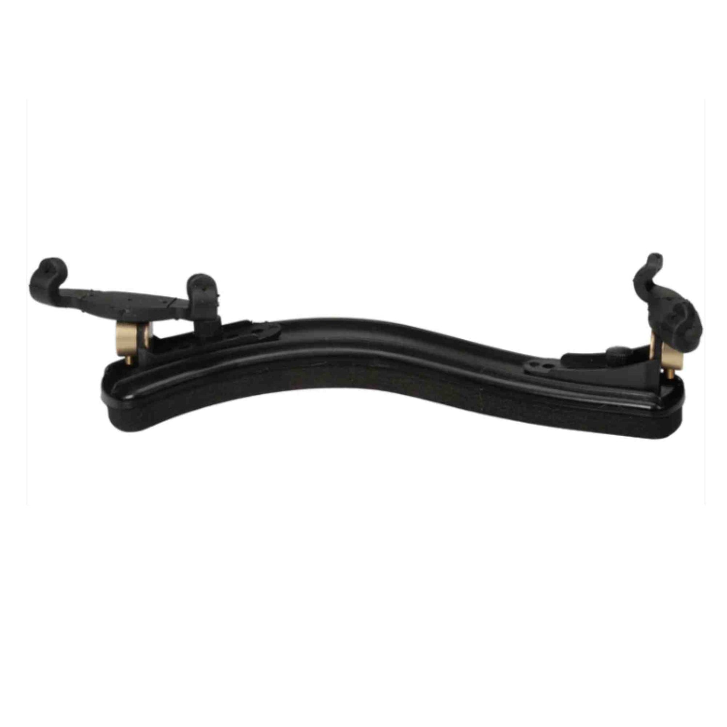 The underside of a black Anton Breton violin shoulder rest on a white background