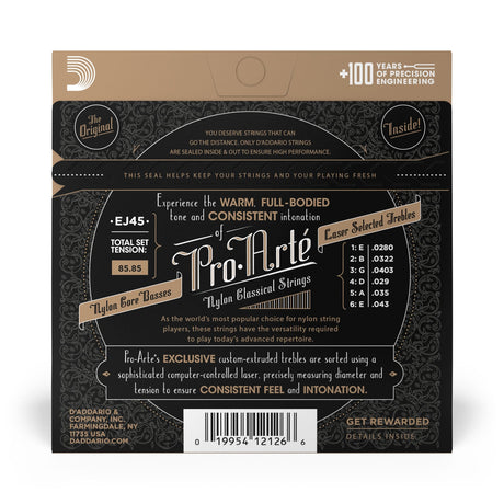 The image shows a package of D'Addario Pro-Arté EJ45 classical guitar strings. It features nylon core basses and laser-selected trebles for consistent tone and intonation. The set has a total tension of 85.85 and string gauges from .0280 to .043. Marketed for advanced repertoire, it promises warm, full-bodied tone and reliability. The packaging highlights D'Addario’s 100+ years of precision engineering and quality seal.
