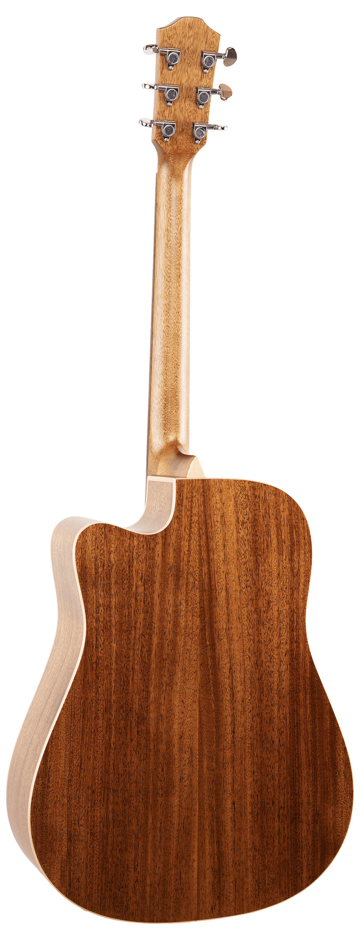 The image shows the back of a dreadnought acoustic guitar with a cutaway. It features rich, warm wood grain, likely mahogany, with light binding around the edges. The headstock has six chrome tuning pegs in a 3+3 layout. The guitar displays solid wood construction, a smooth polished finish, well-matched grain at the back seam, and precise neck-to-body joinery, indicating high-quality craftsmanship.