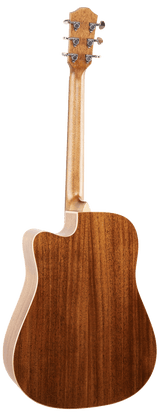 The image shows the back of a dreadnought acoustic guitar with a cutaway. It features rich, warm wood grain, likely mahogany, with light binding around the edges. The headstock has six chrome tuning pegs in a 3+3 layout. The guitar displays solid wood construction, a smooth polished finish, well-matched grain at the back seam, and precise neck-to-body joinery, indicating high-quality craftsmanship.