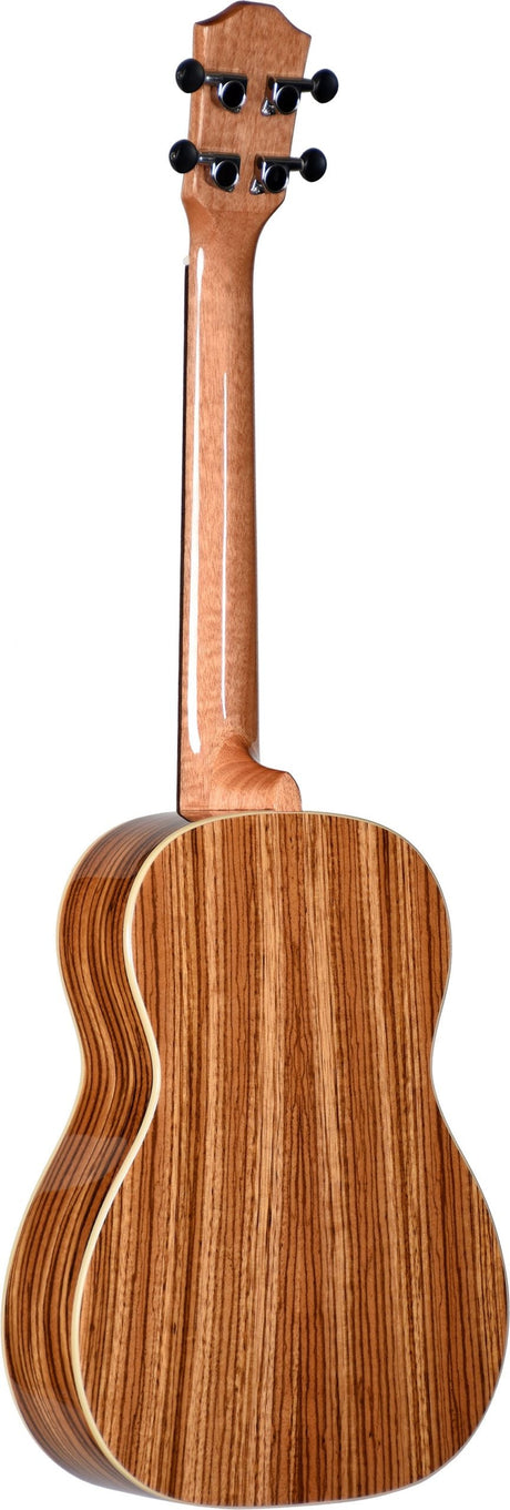 The image shows the back of a wooden ukulele with a classic figure-8 shape and a striped grain pattern, likely zebrawood. The lighter-colored neck leads to a headstock with four black geared tuning pegs in a 2x2 layout. Light-colored binding trims the glossy body edges, indicating quality craftsmanship. The ukulele is concert or tenor-sized, suitable for both beginners and advanced players.