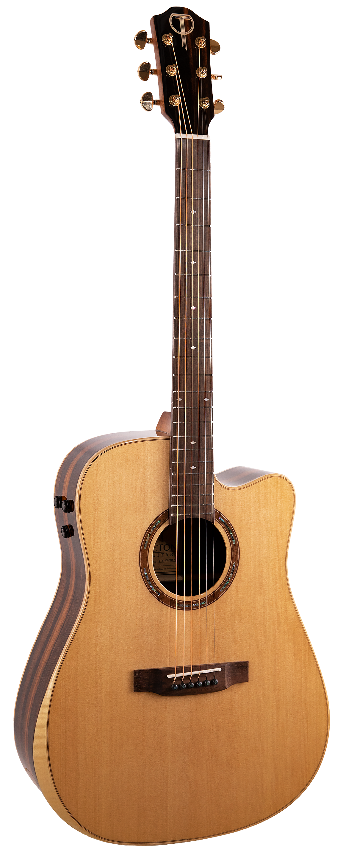 The image shows a dreadnought-style acoustic-electric guitar with a cutaway, natural light wood top, darker binding, and a round soundhole with rosette. It has six steel strings, chrome tuning machines, and a dark wood fretboard with standard inlays. An onboard preamp is visible on the upper bout. The "T" logo on the headstock indicates it is likely a Teton guitar.