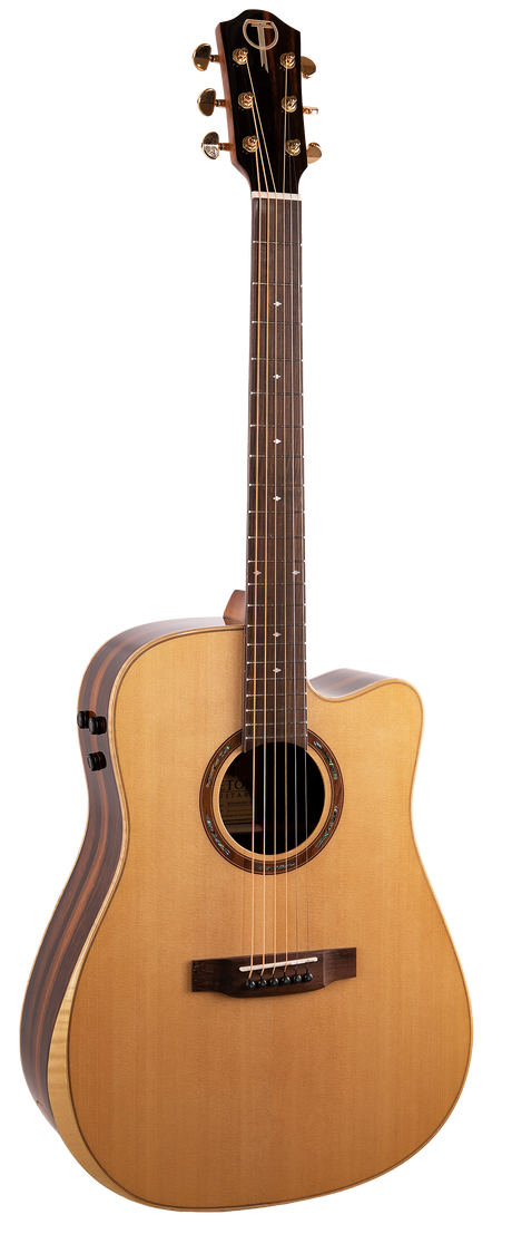 The image shows a dreadnought-style acoustic-electric guitar with a cutaway, natural light wood top, darker binding, and a round soundhole with rosette. It has six steel strings, chrome tuning machines, and a dark wood fretboard with standard inlays. An onboard preamp is visible on the upper bout. The "T" logo on the headstock indicates it is likely a Teton guitar.