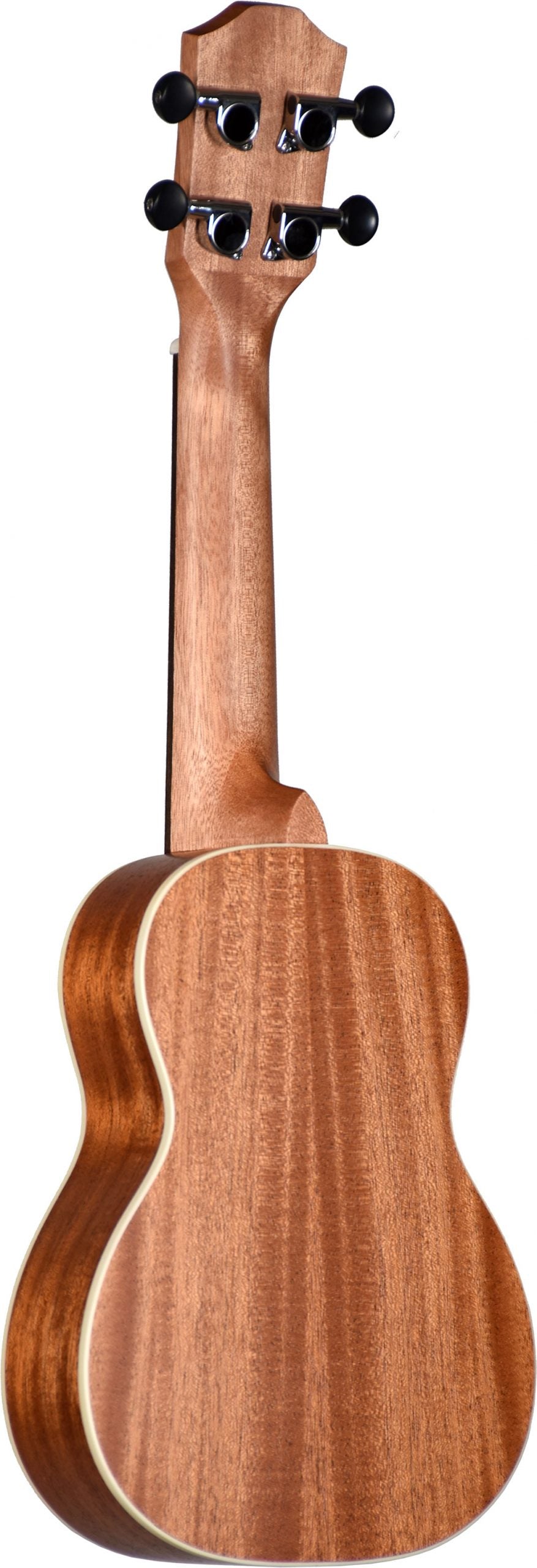The image shows the back of a wooden ukulele with a natural wood grain finish. It features a smooth neck, a body with light-colored binding, and a glossy surface highlighting the wood’s beauty. The headstock has four black tuning pegs arranged in a 2x2 layout. The craftsmanship and tonewood suggest a mid to high-quality instrument with attention to both aesthetics and function.
