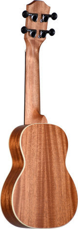 The image shows the back of a wooden ukulele with a natural wood grain finish. It features a smooth neck, a body with light-colored binding, and a glossy surface highlighting the wood’s beauty. The headstock has four black tuning pegs arranged in a 2x2 layout. The craftsmanship and tonewood suggest a mid to high-quality instrument with attention to both aesthetics and function.