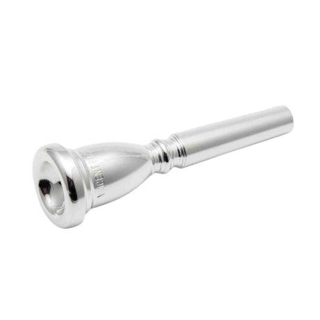 Silver trumpet mouthpiece on a white background