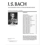 The image shows the contents page of the music book "J.S. BACH: AN INTRODUCTION TO HIS KEYBOARD MUSIC," edited by Willard A. Palmer. It includes a portrait of Bach in period dress, a detailed table of contents listing keyboard works with BWV numbers and page references, an explanation of the BWV catalog, copyright by Alfred Music, and a note that Bach's portrait dates from 1870.