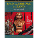 Book cover of 'Bach and Before for Band' by David Newell with a bust of Bach and musical instruments.