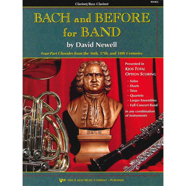 Book cover of 'Bach and Before for Band' by David Newell with a bust of Bach and musical instruments.