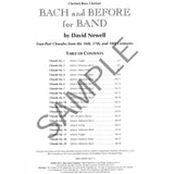 Table of contents for a music book titled 'Bach and Before for Band' by David Newell on a white background.