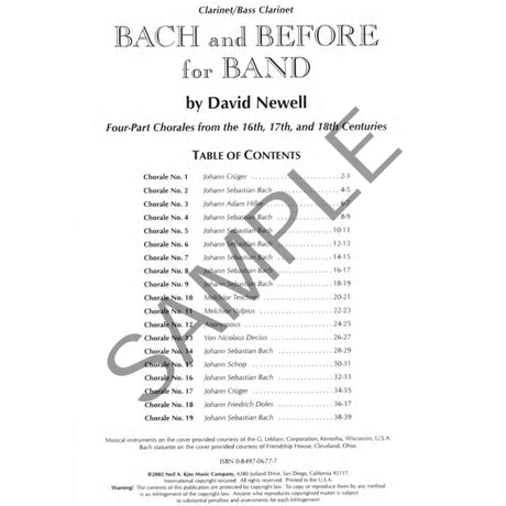 Table of contents for a music book titled 'Bach and Before for Band' by David Newell on a white background.