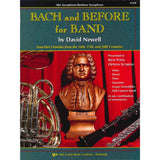 Book cover of 'Bach and Before for Band' for Alto Saxophone and Baritone Saxophone by David Newell with a bust of Bach and musical instruments.