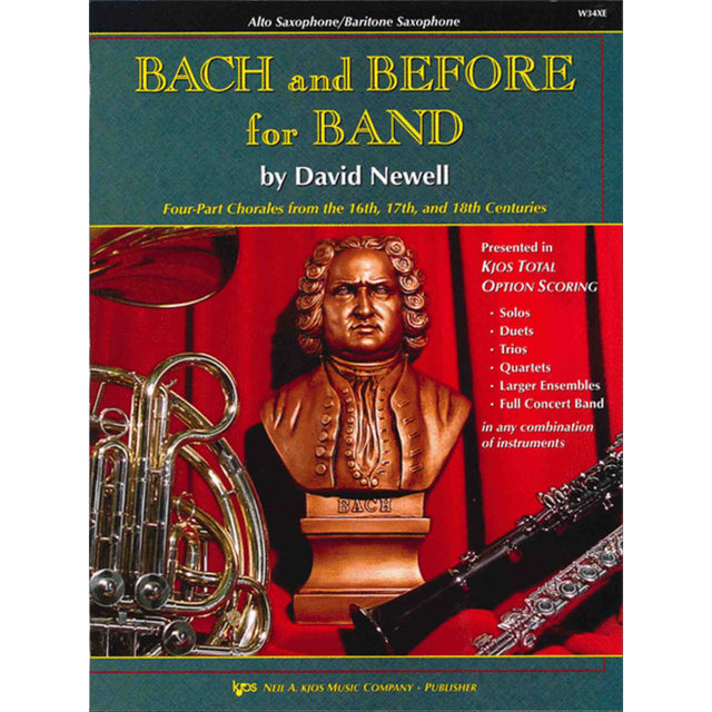Book cover of 'Bach and Before for Band' for Alto Saxophone and Baritone Saxophone by David Newell with a bust of Bach and musical instruments.