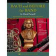 Book cover of 'Bach and Before for Band' for flute by David Newell with a bust of Bach and musical instruments.