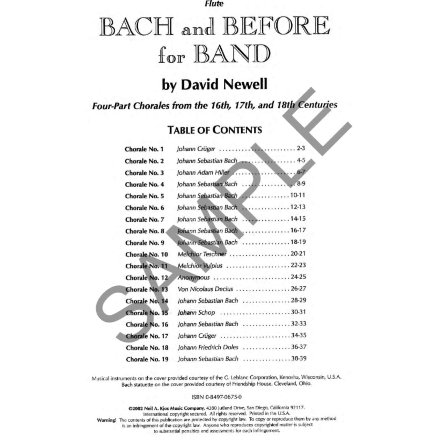 Table of contents for a music book titled 'Bach and Before for Band' by David Newell on a white background.