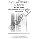 Table of contents for a music book titled 'Bach and Before for Band' by David Newell on a white background.