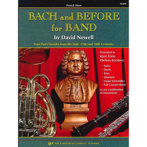 Book cover of 'Bach and Before for Band' for French Horn by David Newell with a bust of Bach and musical instruments.