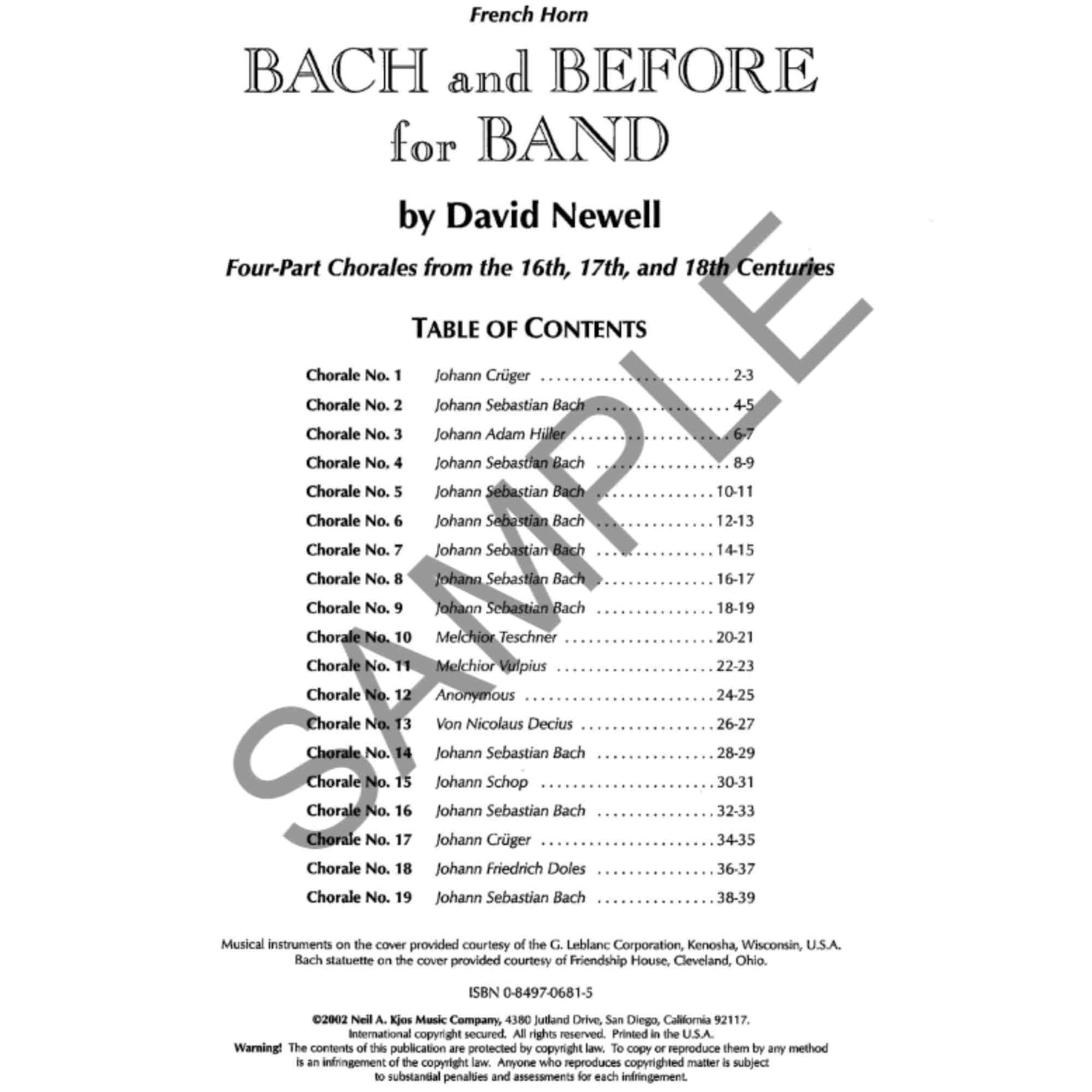 Table of contents for a music book titled 'Bach and Before for Band' for French Horn by David Newell on a white background.