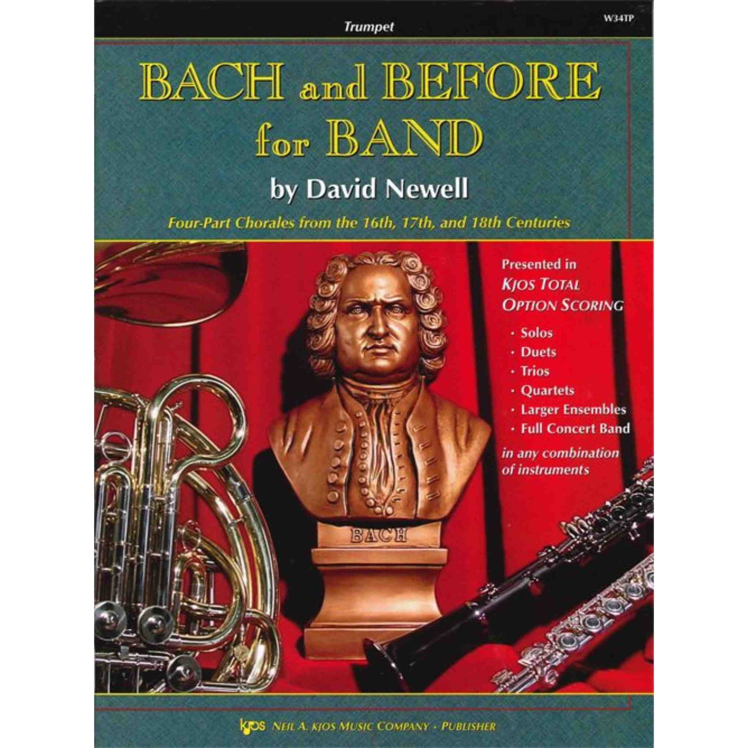 Book cover of 'Bach and Before for Band' Trumpet edition by David Newell with a bust of Bach and musical instruments.