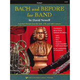 Book cover of 'Bach and Before for Band' Trumpet edition by David Newell with a bust of Bach and musical instruments.