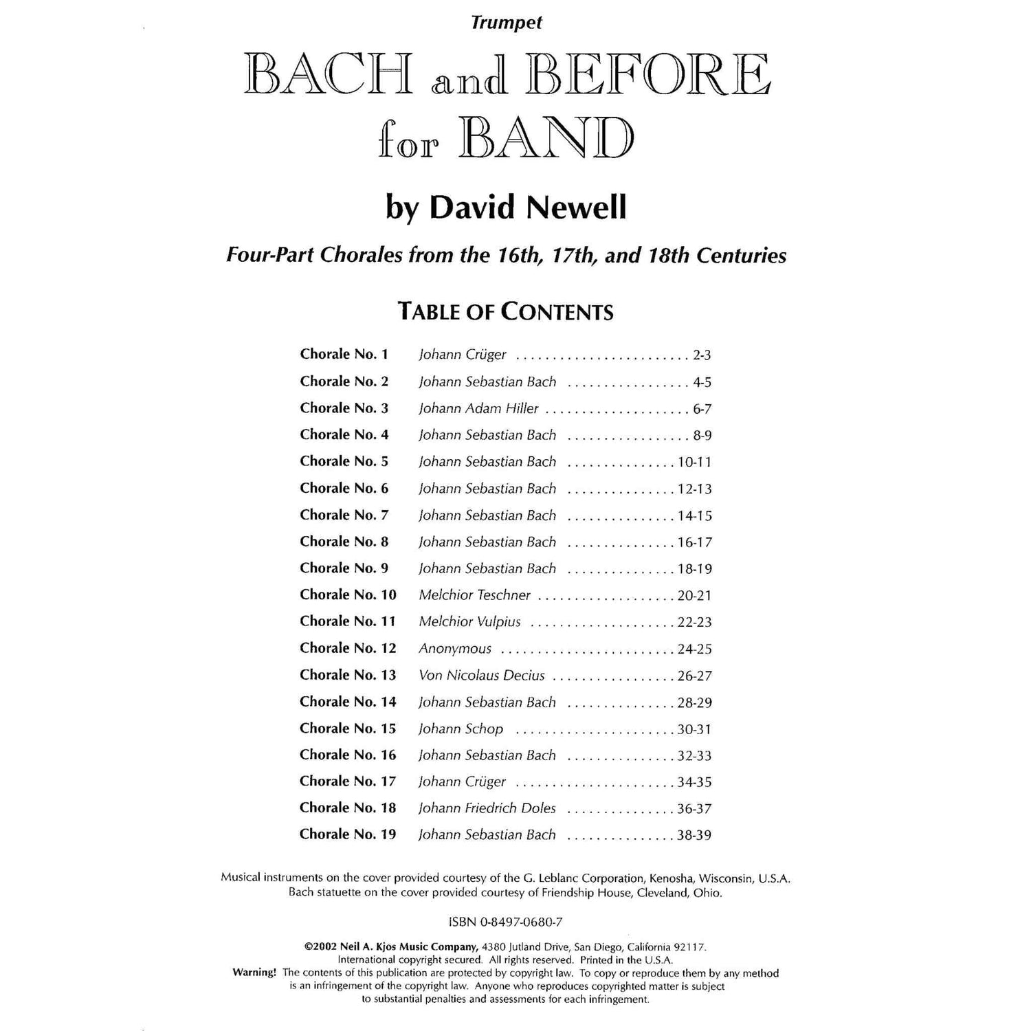 Table of contents for a music book titled 'Bach and Before for Band' for Trumpet by David Newell on a white background.
