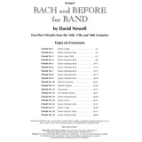 Table of contents for a music book titled 'Bach and Before for Band' for Trumpet by David Newell on a white background.