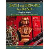 Book cover of 'Bach and Before for Band' for Tuba by David Newell with a bust of Bach and musical instruments.