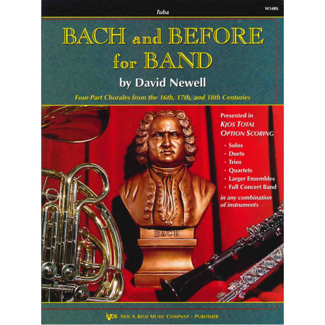 Book cover of 'Bach and Before for Band' for Tuba by David Newell with a bust of Bach and musical instruments.