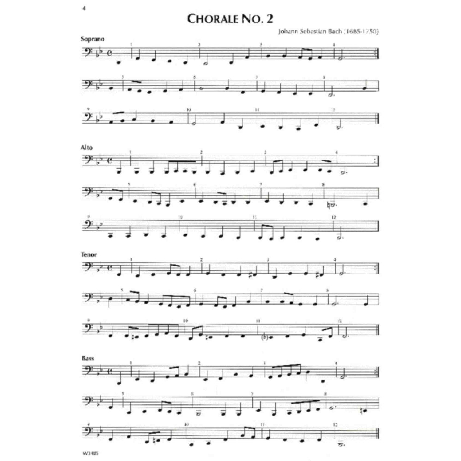 Sheet music for Chorale No. 2 by Johann Sebastian Bach for Tuba with different voices labeled.