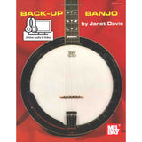 Cover of the book back-up banjo by Janet Davis. Red with a banjo on the front and online audio & video icon.