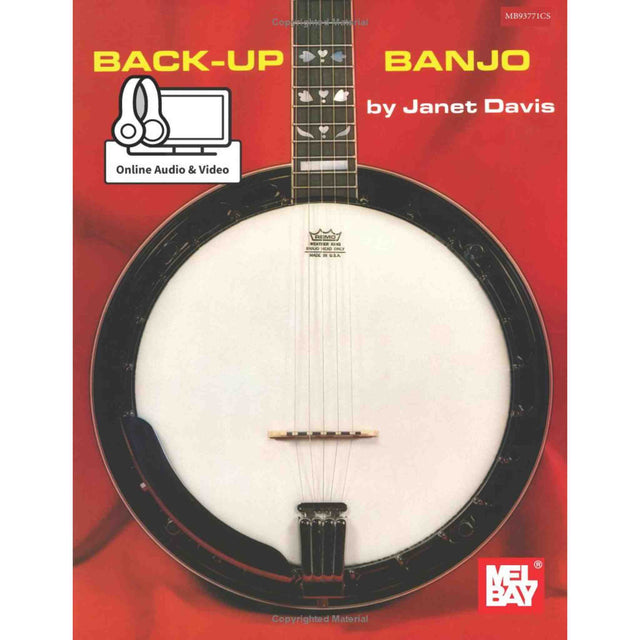 Cover of the book back-up banjo by Janet Davis. Red with a banjo on the front and online audio & video icon.
