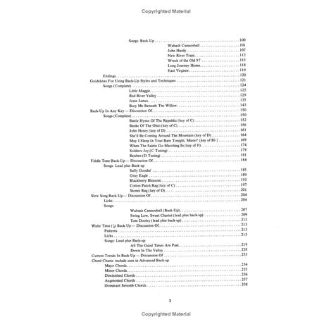 Page two of the table of contents for the banjo music book Back-up Banjo. 