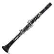The image shows a B♭ clarinet with a black cylindrical body, silver-plated keys, and multiple tone holes. Visible features include the key system with rings and mechanical linkages, the clarinet bell, and possible manufacturer markings on the upper joint. This single-reed woodwind instrument is commonly used in various music genres and appears to be a student or intermediate model. The reed and mouthpiece are not shown.