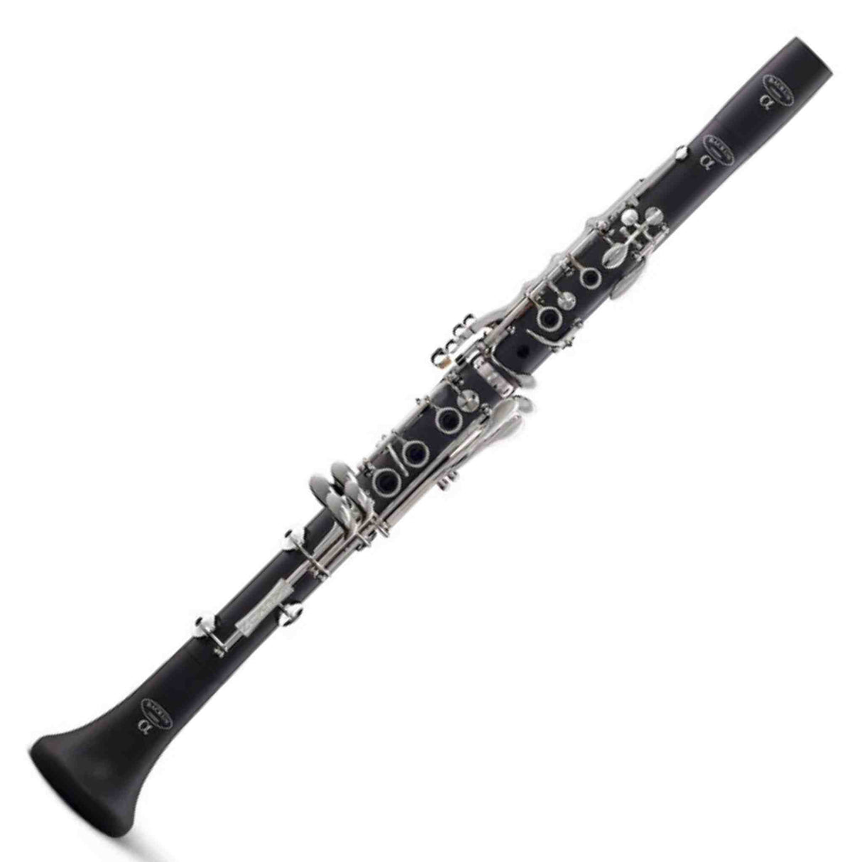 The image shows a B♭ clarinet with a black cylindrical body, silver-plated keys, and multiple tone holes. Visible features include the key system with rings and mechanical linkages, the clarinet bell, and possible manufacturer markings on the upper joint. This single-reed woodwind instrument is commonly used in various music genres and appears to be a student or intermediate model. The reed and mouthpiece are not shown.