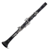 The image shows a B♭ clarinet with a black cylindrical body, silver-plated keys, and multiple tone holes. Visible features include the key system with rings and mechanical linkages, the clarinet bell, and possible manufacturer markings on the upper joint. This single-reed woodwind instrument is commonly used in various music genres and appears to be a student or intermediate model. The reed and mouthpiece are not shown.