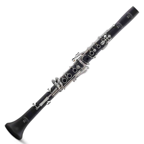 The image shows a B♭ clarinet with a black cylindrical body, silver-plated keys, and multiple tone holes. Visible features include the key system with rings and mechanical linkages, the clarinet bell, and possible manufacturer markings on the upper joint. This single-reed woodwind instrument is commonly used in various music genres and appears to be a student or intermediate model. The reed and mouthpiece are not shown.