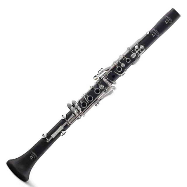 The image shows a B♭ clarinet with a black cylindrical body, silver-plated keys, and multiple tone holes. Visible features include the key system with rings and mechanical linkages, the clarinet bell, and possible manufacturer markings on the upper joint. This single-reed woodwind instrument is commonly used in various music genres and appears to be a student or intermediate model. The reed and mouthpiece are not shown.