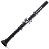 The image shows a B-flat clarinet with a black cylindrical body, silver-plated keys, and metal hardware. Visible features include multiple tone holes, a complex key mechanism with springs and levers, the bell at the bottom, and the upper joint for the mouthpiece. This woodwind instrument is commonly used in bands, orchestras, and various music genres, reflecting professional or intermediate-level craftsmanship.