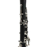 The image shows a section of a clarinet, a black woodwind instrument with silver-plated keys and tone holes. Visible are the intricate keywork and mechanisms that enable players to cover holes and produce notes chromatically across its wide range. This close-up highlights the craftsmanship and mechanical complexity that make the clarinet versatile and expressive in various musical settings.