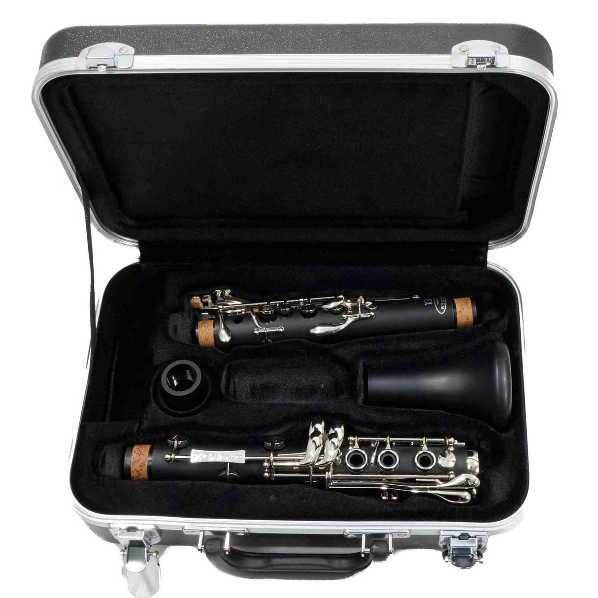 The image shows a disassembled clarinet in its protective hard case. The black woodwind parts with silver keys and tan cork joints are neatly arranged in custom-molded compartments lined with black foam. The case features metal latches and corner reinforcements. This typical setup helps protect the clarinet’s delicate keys and makes the instrument easier to transport and store.