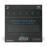 The image shows a package of D'Addario XTAPB1047-12 12-string acoustic guitar strings. It features string gauges in blue along the top, the "NEVER FADE AWAY" slogan, and highlights "EXTENDED LIFE" and "NATURAL FEEL." The packaging notes the strings’ high carbon steel cores for durability and tone, the USA-made label with the D'Addario logo, a barcode, product code, and info on the loyalty program inside.