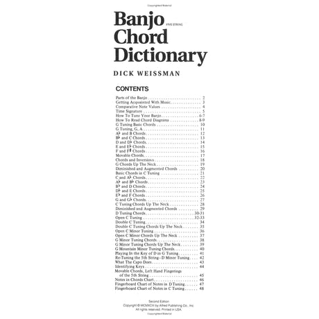 Cover of 'Banjo Chord Dictionary' by Dick Weissman with a list of contents on a white background.