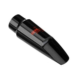 Black saxophone mouthpiece with red text on a white background