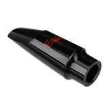 Black saxophone mouthpiece with red logo on a white background