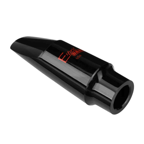 Black saxophone mouthpiece with red logo on a white background