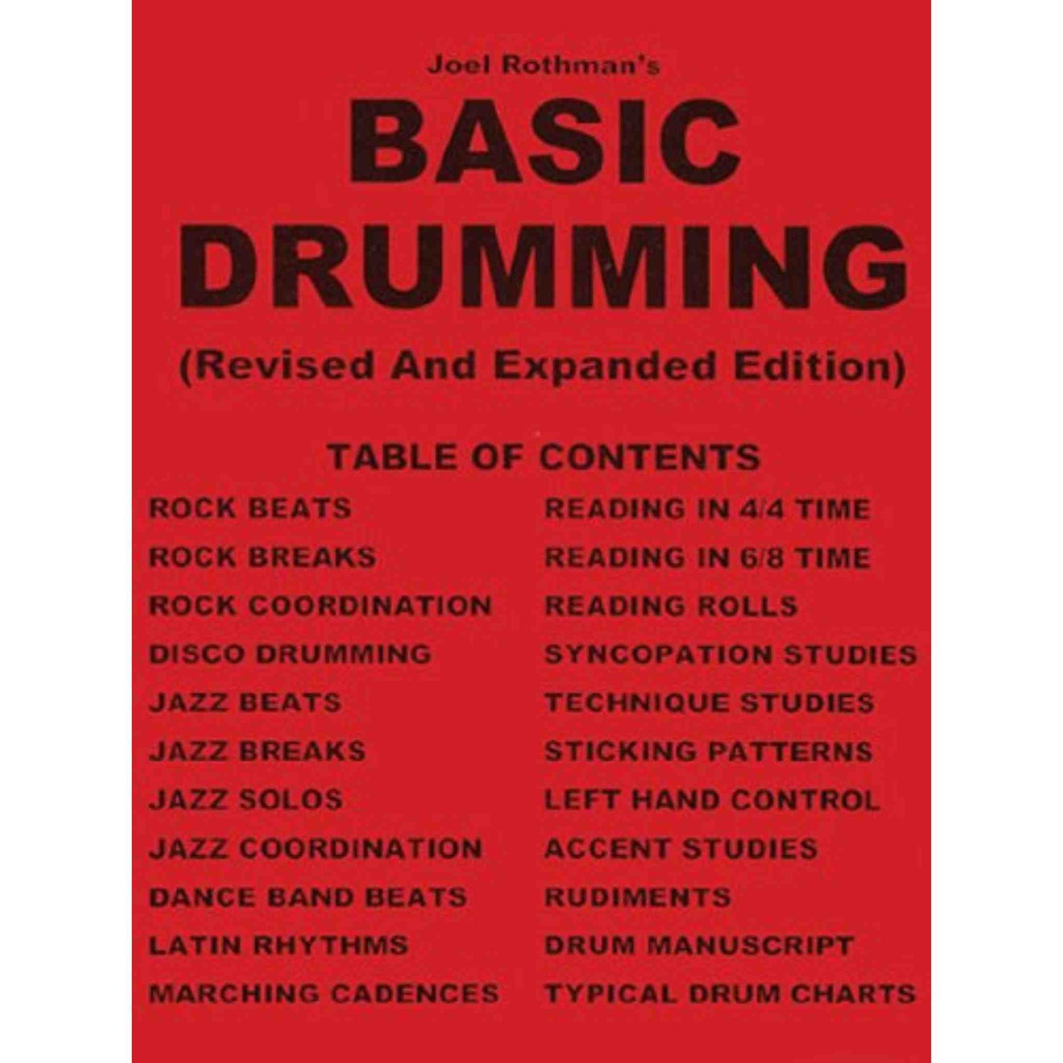 Book cover of 'Basic Drumming' with a red background and black text.