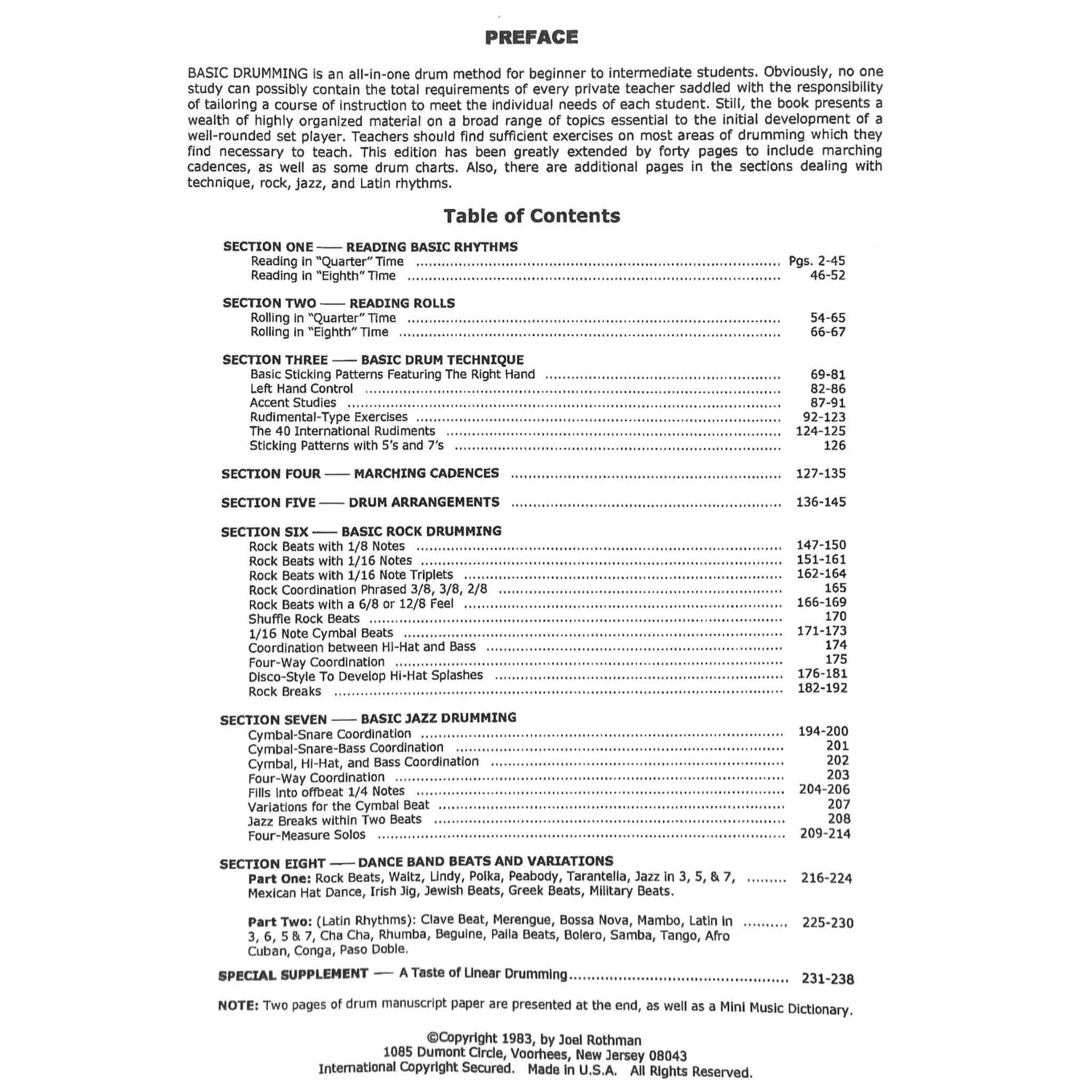 Table of contents for a drumming instruction book on a white background