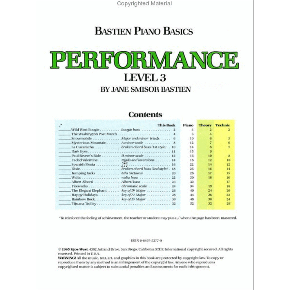 The image shows the contents page of the piano method book "Bastien Piano Basics Performance Level 3" by Jane Smisor Bastien. It lists piano pieces like "Wild West Boogie" and "Mysterious Mountain," organized for progressive learning. A chart correlates pages with related theory and technic books, using color-coding to track progress. Copyright info from Kjos West and the ISBN are visible at the bottom.